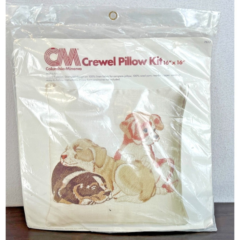 1977 CM Columbia Minerva THREE PUPPIES Crewel‎ Pillow Kit 16 x 16 NEW & SEALED